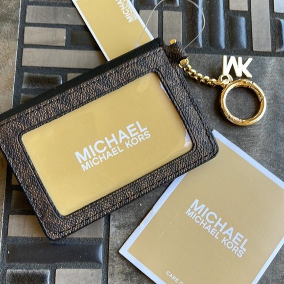 Michael Kors Kala Small Flap Key Ring Card Case Wallet MK Brown Black - Picture 8 of 10